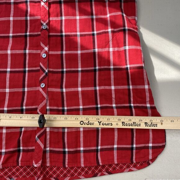 J Jill Tunic Button Up Top Womens Medium Petite Red Plaid Pockets Shacket Grunge - Picture 10 of 14